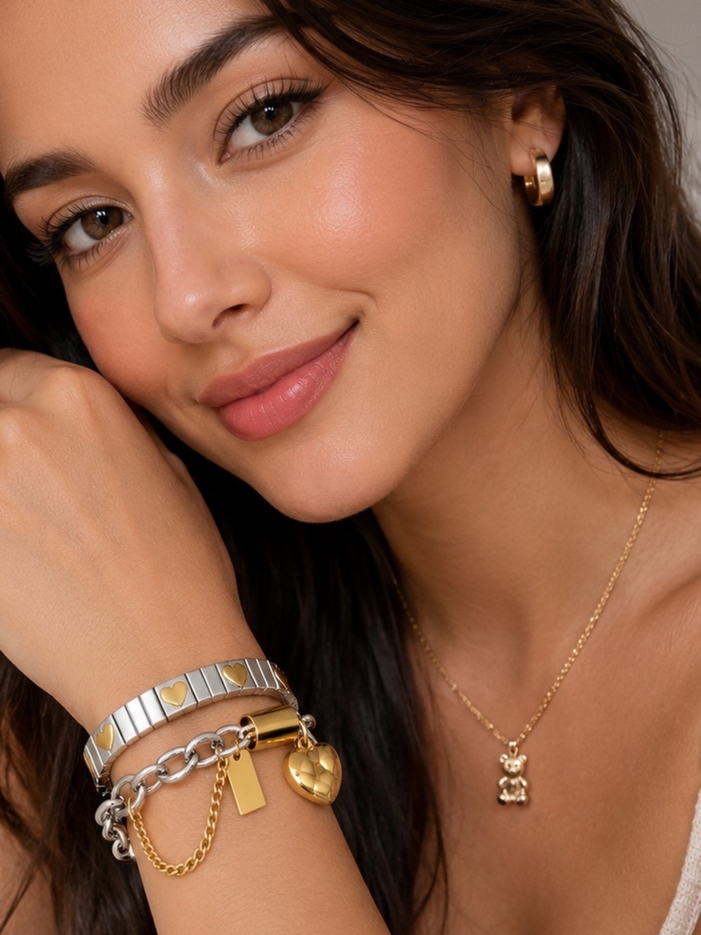 Gold Heart Charm Bracelet Set Two Tone Link Bracelet Stackable Jewelry